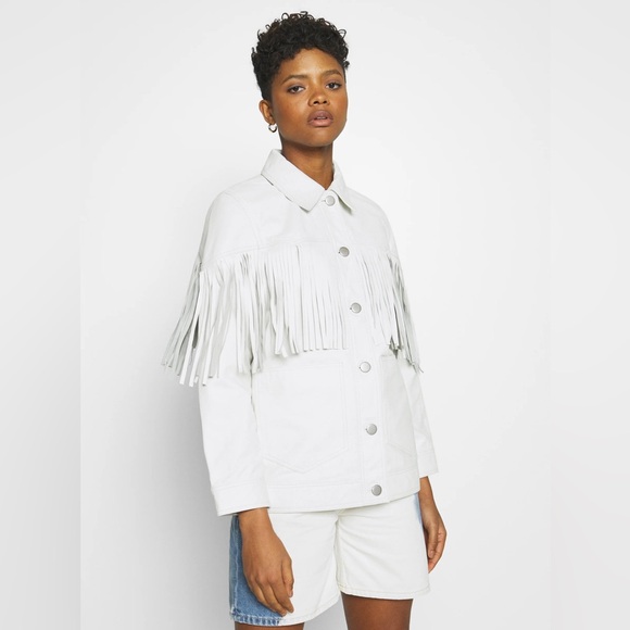 Topshop Roy fringed white leather jacket US size 12 - Picture 4 of 16